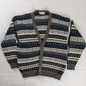 VTG Button Front Chunky Knit Blue Gray Multi Print Jantzen Grandpa Cardigan